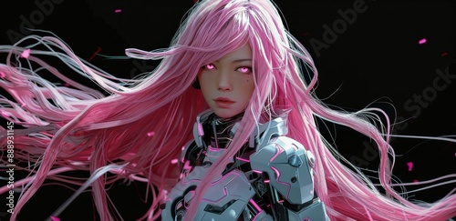Close Up Portrait of Woman With Pink Hair and Glowing Eyes in a Cybernetic Se...
