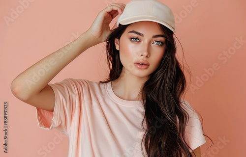 Young Woman in White Baseball Cap Posing Against Pink Background
