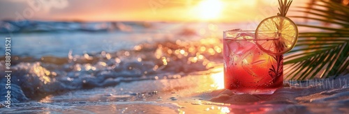Refreshing Cocktail on a Sandy Beach at Sunset