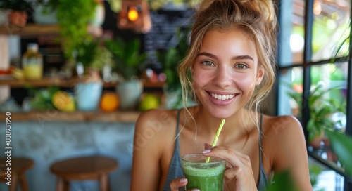Young Woman Enjoying a Green Smoothie in a Cafe