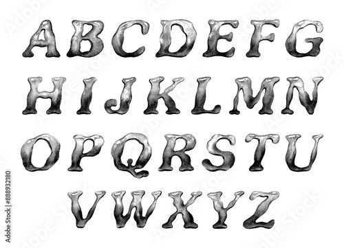 Black and white watercolor alphabet featuring uppercase letters with organic shapes and soft gradients. Perfect for artistic designs, typography projects, and educational resources