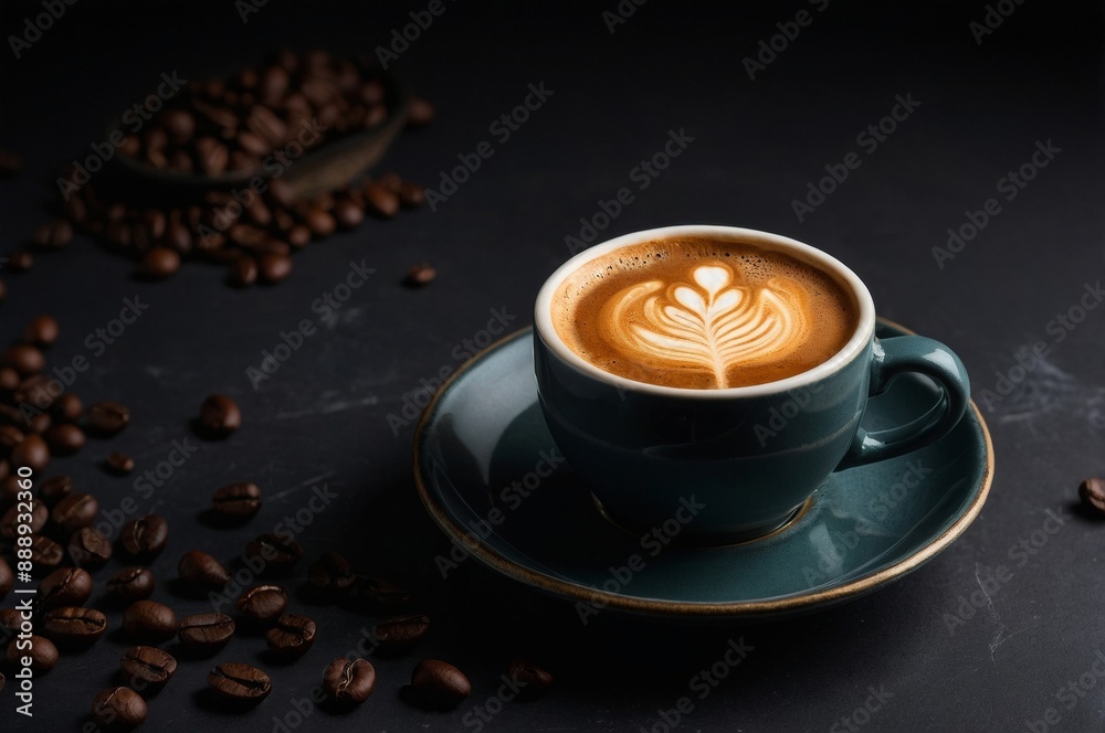 Cup of coffee with latte art on dark countertop surrounded beans Cup of coffee with latte art on dark countertop surrounded beans