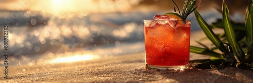 Refreshing Summer Cocktail on a Sandy Beach at Sunset
