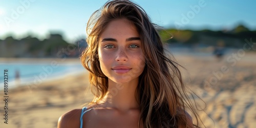 Young Woman With Blue Eyes Gazing at the Camera on a Sandy Beach