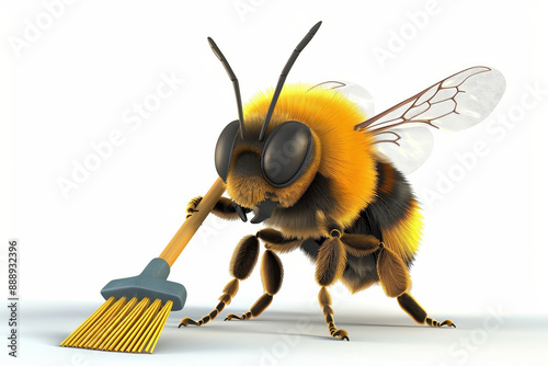 A 4D cartoon bee with a tiny broom cleaning up on  28 31012 bee, insect, macro, isolated, bumblebee, animal, honey, flower, fly, nature, white, yellow, bumble, close-up, wing, black, closeup, bug, wil
