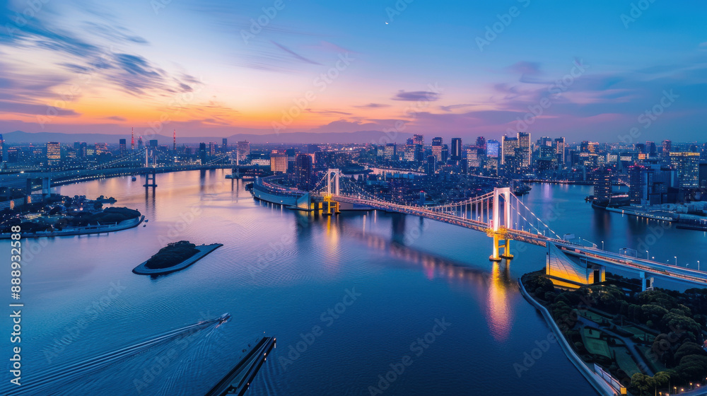 A picturesque view of Tokyo Bay, with Rainbow Bridge and the city's skyline illuminated at dusk. A picturesque view of Tokyo Bay, with Rainbow Bridge and the city's skyline illuminated at dusk.