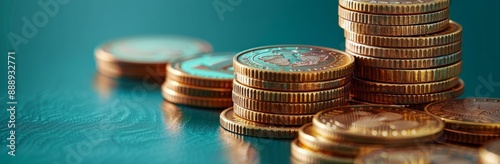 Stacks of Gold Coins on a Teal Surface