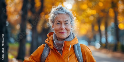 Smiling Senior Woman Walking in Fall Park With Headphones