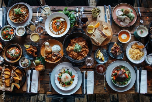 International cuisine sampler with dishes from around the world, beautifully arranged on a large wooden table