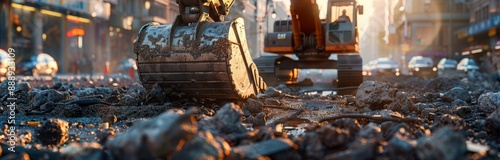 Orange Excavator Digging Up Street in Urban City During Daytime