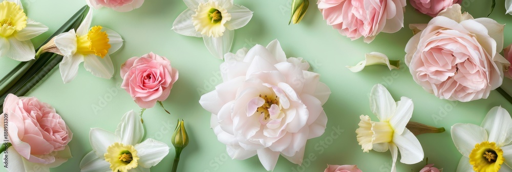 Closeup of pastel pink roses and daffodils arranged on a soft green background, creating a beautiful and spring-themed image Closeup of pastel pink roses and daffodils arranged on a soft green background, creating a beautiful and spring-themed image