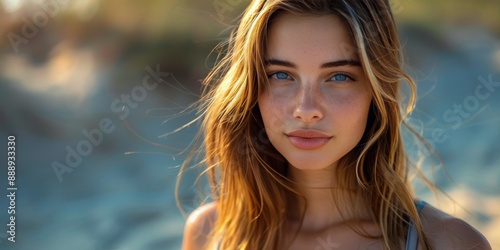 Young Woman With Blonde Hair and Blue Eyes Looking at Camera on Beach