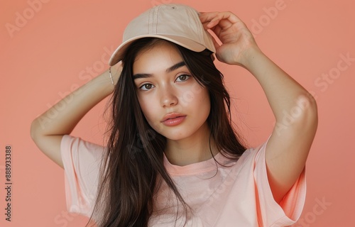 Young Woman in White Baseball Cap Posing Against Pink Background
