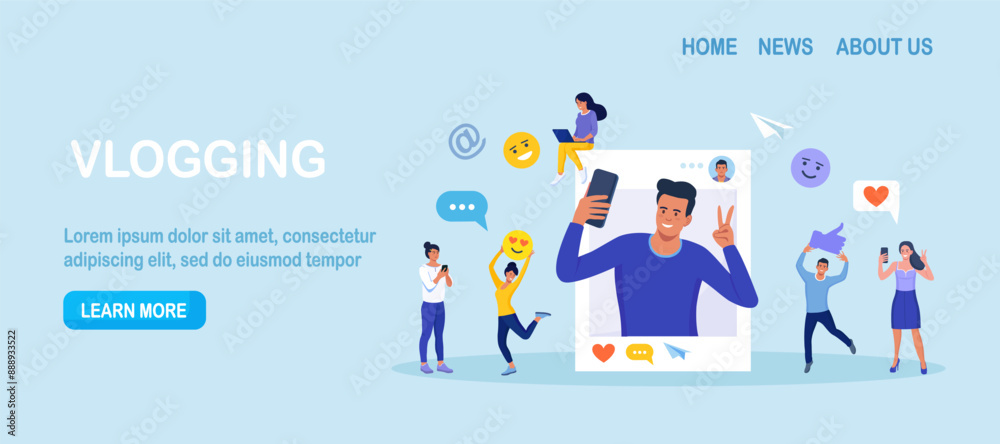 Blogger people make video blog content, channel in social media. Man in front of phone camera recording video to share it in internet. Live streaming, broadcast. Online conferencing and communication