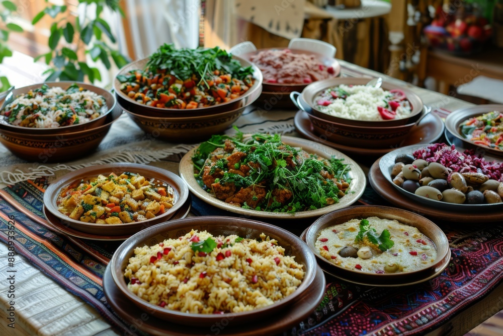 Ethnic food celebration with a vibrant spread of traditional dishes from various cultures, colorful and diverse Ethnic food celebration with a vibrant spread of traditional dishes from various cultures, colorful and diverse