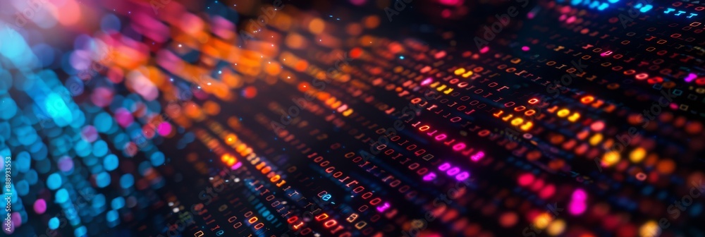 Obraz premium A side angle medium photo of flowing lines of colorful hexadecimal code on a dark background symbolizing advanced data encryption