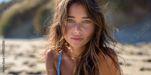 Young Woman With Blue Eyes Gazing at the Camera on a Sandy Beach