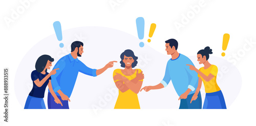 Group of violent people bullying, accusing coworker. Employees point fingers and laugh. Toxic work, abuse, bullying colleagues. Exhausted depressed employee. Angry furious characters yelling at woman