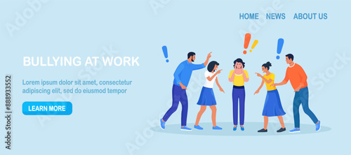 Group of violent people bullying, accusing coworker. Employees point fingers and laugh. Toxic work, abuse, bullying colleagues. Exhausted depressed employee. Angry furious characters yelling at woman