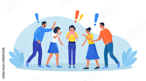 Group of violent people bullying, accusing coworker. Employees point fingers and laugh. Toxic work, abuse, bullying colleagues. Exhausted depressed employee. Angry furious characters yelling at woman