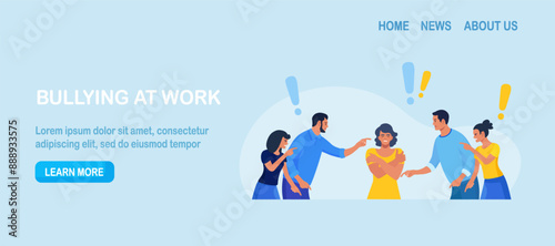 Group of violent people bullying, accusing coworker. Employees point fingers and laugh. Toxic work, abuse, bullying colleagues. Exhausted depressed employee. Angry furious characters yelling at woman