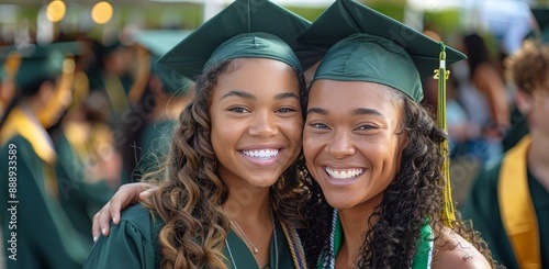 Two Graduates Smile Together During a Sunny Graduation Ceremony