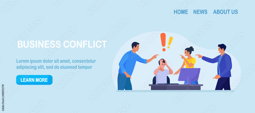 Abuse or bullying colleague. People blaming at depressed businessman. Worker sitting at desk with computer and documents hiding head. Employees point fingers and laugh. Emotional stress on work Abuse or bullying colleague. People blaming at depressed businessman. Worker sitting at desk with computer and documents hiding head. Employees point fingers and laugh. Emotional stress on work
