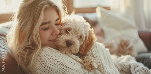 Woman Holding Puppy In Knitted Blanket On Sofa