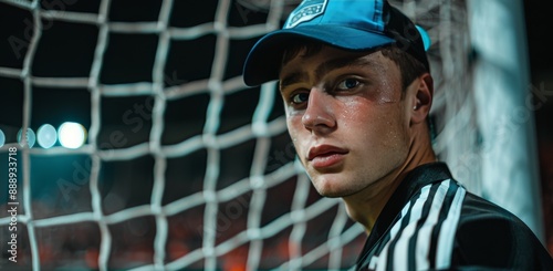 Young Man In A Blue Cap Leaning Against A Soccer Net At Night