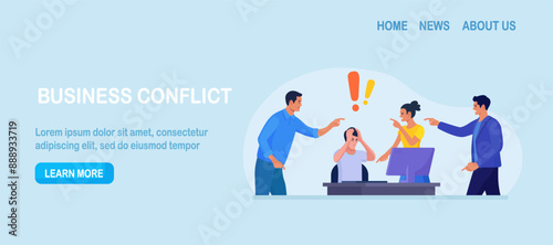 Abuse or bullying colleague. People blaming at depressed businessman. Worker sitting at desk with computer and documents hiding head. Employees point fingers and laugh. Emotional stress on work