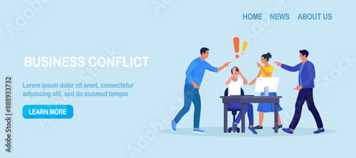 Abuse or bullying colleague. People blaming at depressed businessman. Worker sitting at desk with computer and documents hiding head. Employees point fingers and laugh. Emotional stress on work