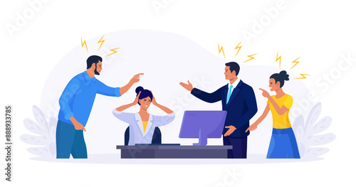 Abuse or bullying colleague. People blaming at depressed businessman. Worker sitting at desk with computer and documents hiding head. Employees point fingers and laugh. Emotional stress on work