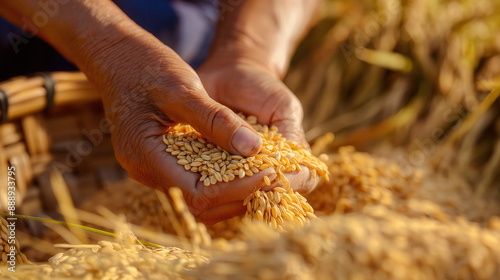 Close-up of farmer's hands holding harvested rice grains. © Quality Photos