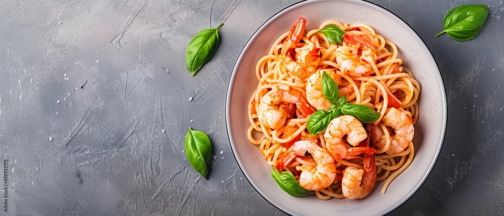 A pasta plate with shrimp, basil, and a green garnish atop a gray surface A pasta plate with shrimp, basil, and a green garnish atop a gray surface