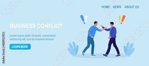 Business conflict, rivalry among colleagues. Two men arguing and fighting. Colleagues debating or misunderstanding. People quarrel and swear. Aggressive characters yell at each other
