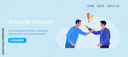Business conflict, rivalry among colleagues. Two men arguing and fighting. Colleagues debating or misunderstanding. People quarrel and swear. Aggressive characters yell at each other