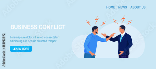 Business conflict, rivalry among colleagues. Two men arguing and fighting. Colleagues debating or misunderstanding. People quarrel and swear. Aggressive characters yell at each other