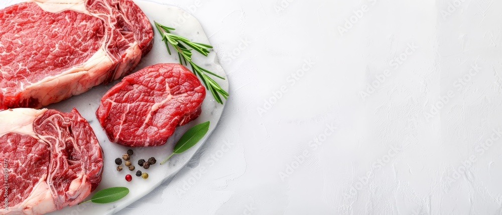 Three raw meat slices on a pristine white plate, garnished with herbs and peppercorns Three raw meat slices on a pristine white plate, garnished with herbs and peppercorns