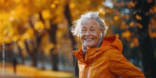 Smiling Senior Woman Walking in Fall Park With Headphones