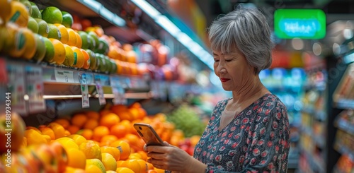 Woman Using Smartphone in Produce Section of Grocery Store