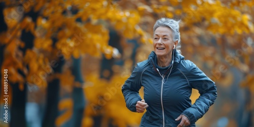 Senior Woman Jogging Through Autumn Forest