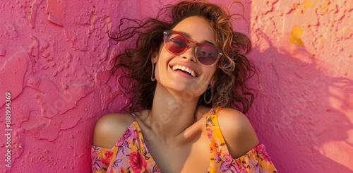 Woman in Floral Strapless Top Posing Against Pink Wall