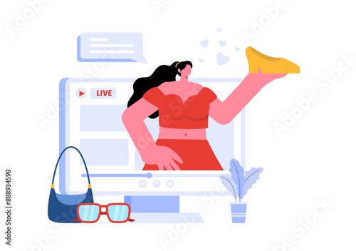 Vector Illustration for a Fashion Blog with Bloggers Reviewing Videos of Fashionable Clothing Trends, Featuring an Online Runway in a Flat Background