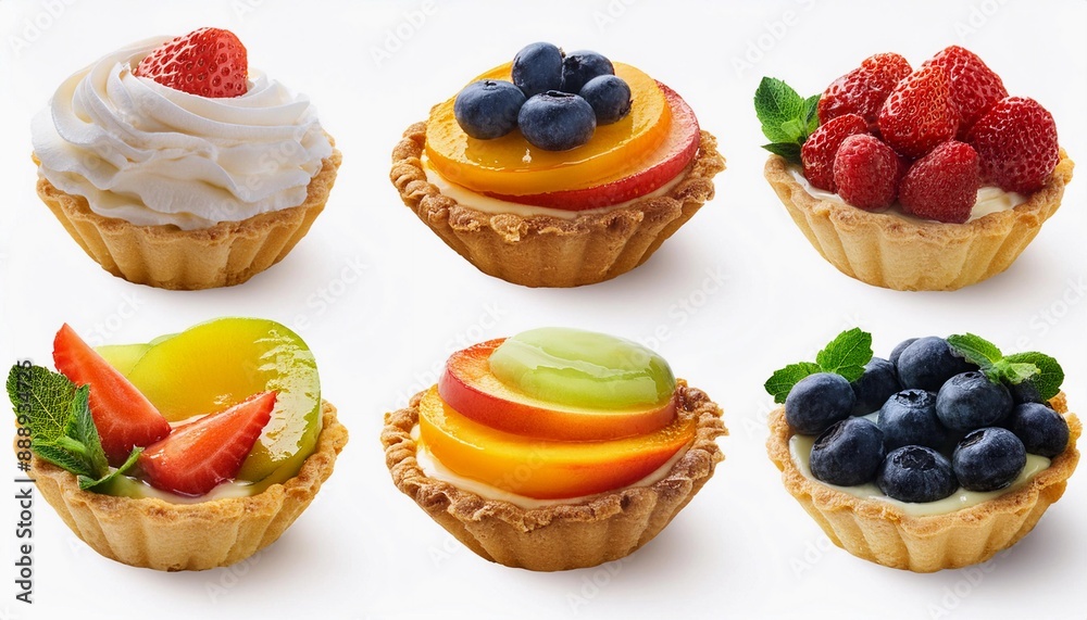 small mini cakes filled with pudding, cream and fruit, berries, peach, small mini cakes filled with pudding, cream and fruit, berries, peach,