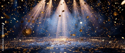 Golden confetti rain on festive stage with light beam in the middle, empty room at night mockup with copy space for award ceremony, jubilee, New Year's party or product presentations 