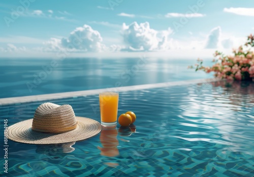 Straw Hat, Orange Juice, and Summer Day by the Pool