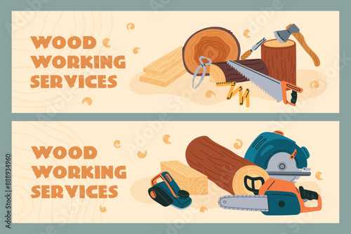 Woodwork carpenter service banners. Professional lumberjack tools. Wood materials. Logs and beams. Planks production. Carpentry sawmill. Woodcutter horizontal posters. Garish vector set