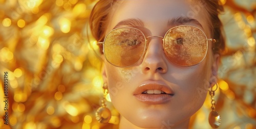 Woman Wearing Gold Sunglasses and Earrings Against Gold Background