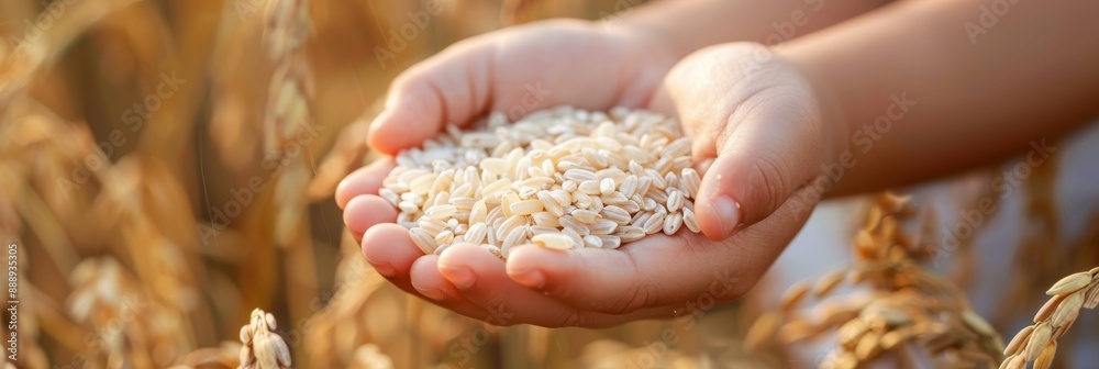 Ripe ears of rice in a child's hand. Products from rice concept. Food for children from rice. A healthy children's breakfast Ripe ears of rice in a child's hand. Products from rice concept. Food for children from rice. A healthy children's breakfast