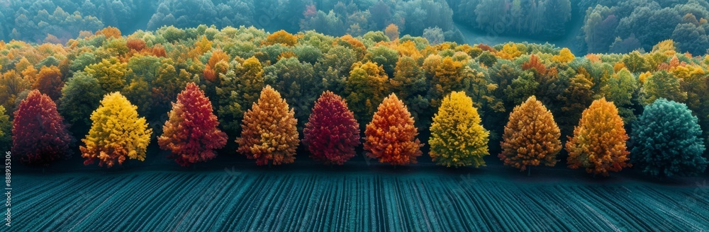 A Line of Trees in Vibrant Autumn Colors Against a Field A Line of Trees in Vibrant Autumn Colors Against a Field